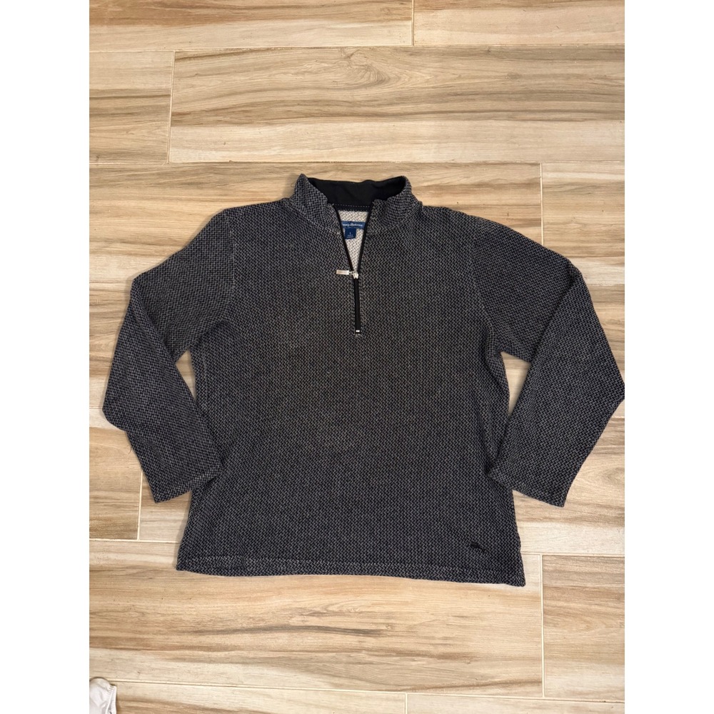 Tommy Bahama Mens Large Black White Textured Marled Quarter Zip Pullover Sweater